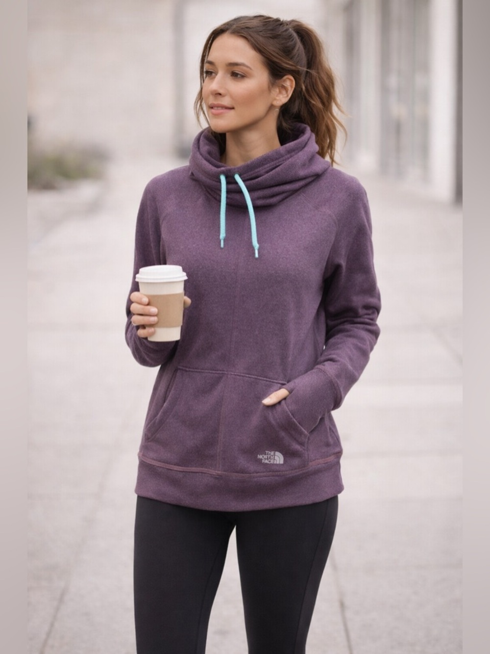 335 The North Face Funnel Neck Hoodie Purple Aqua Drawcord Thumbholes Small
